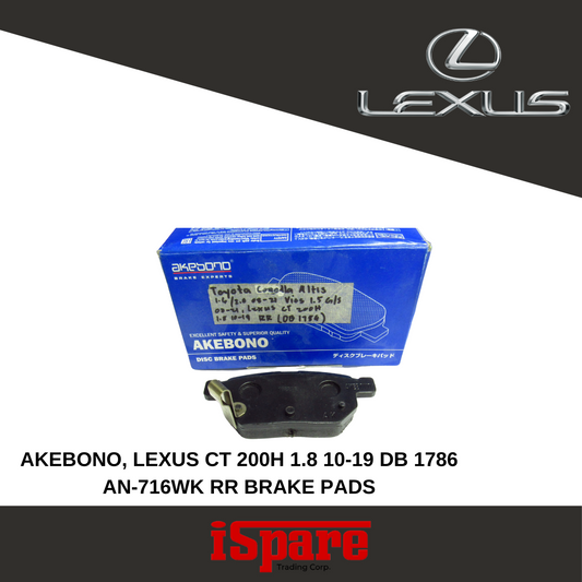 AKEBONO,TOYOTA LEXUS CT 200H 1.8 10-19 RR BRAKE PADS