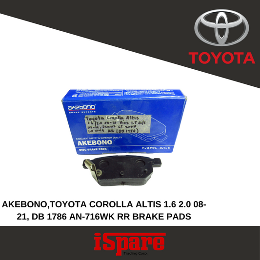 AKEBONO, TOYOTA COROLLA, ALTIS 1.6 2.0 08-21 RR Brake Pads